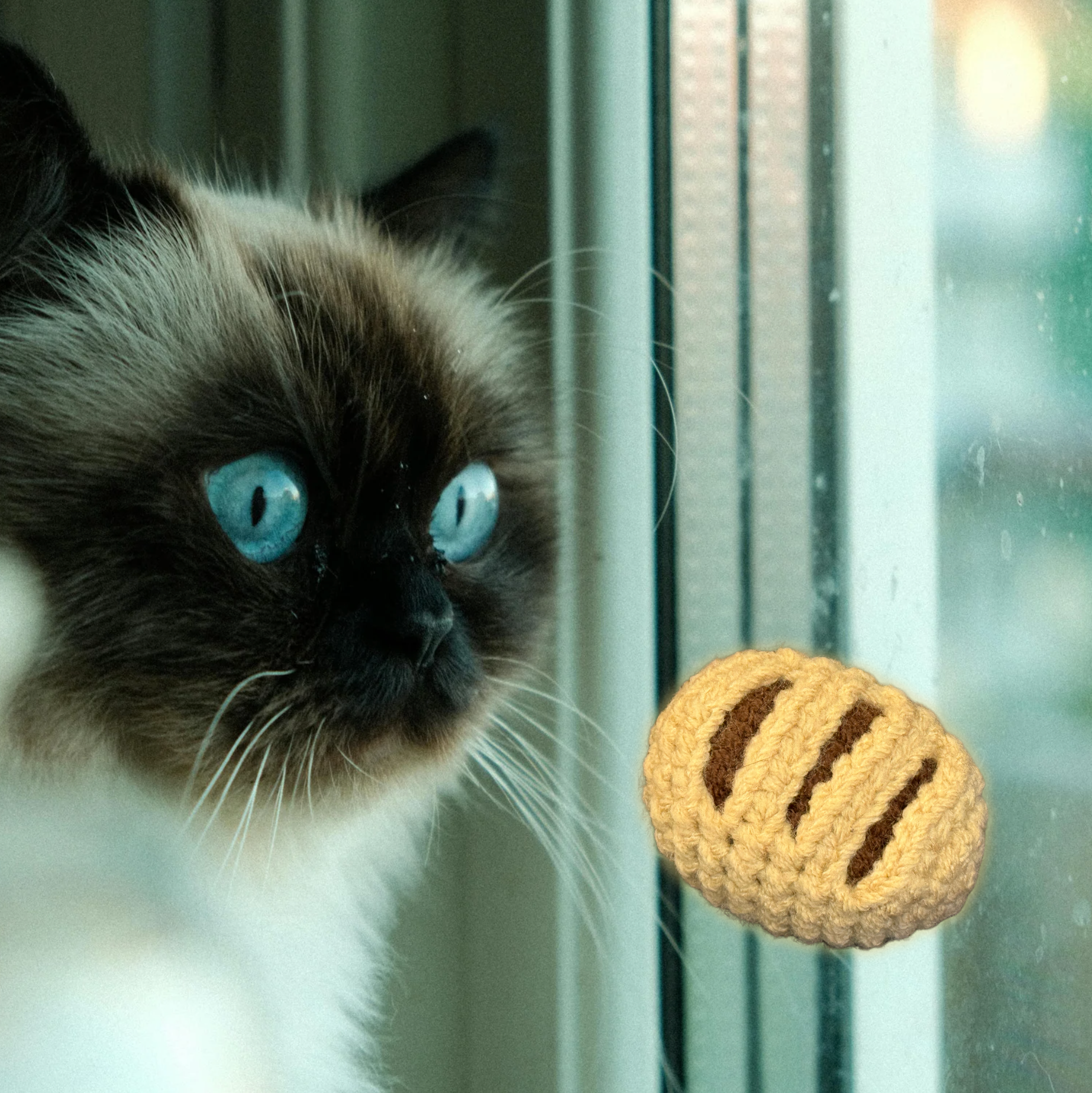 Blue-eyed long-haired cat staring intently at yellow woven Chunkle & Puff cat toy near window, soft textured round toy designed for stalking and batting, botanical infused cat toy for independent play