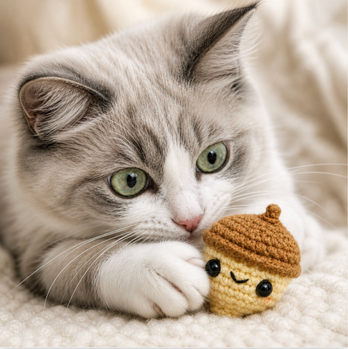 Lifestyle image of Augie the Acorn Chunkle Puff silvervine cat toy with longhaired green eyed cat