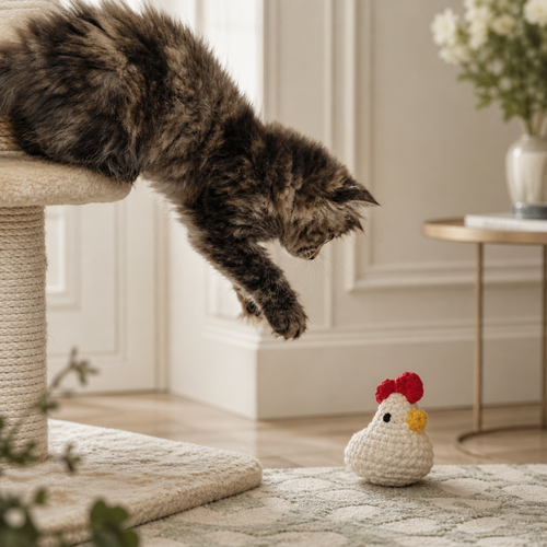 Cat Toy Hen With Cat. Cabbage the Hen, a small white hen-shaped Chunkle with a red comb and yellow beak, placed near a fluffy tabby cat reaching down from a cat tree in a playful scene.