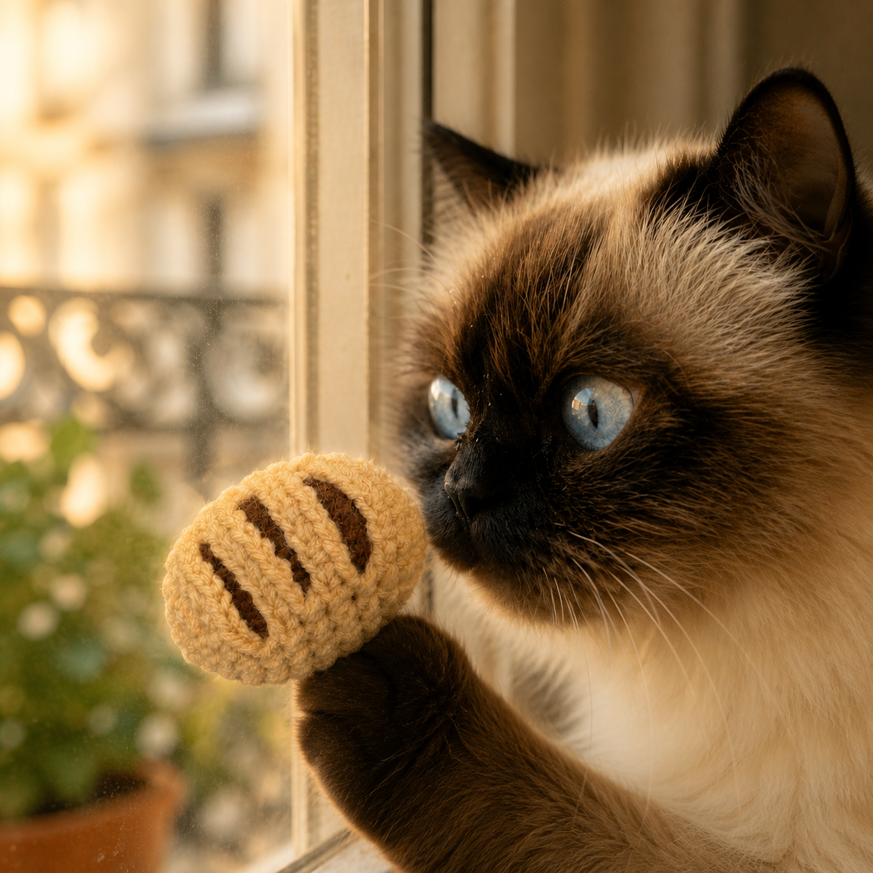 French Cat Toy. Siamese cat eyeing chocolate croissant shaped botanical cat toy at window, Miracle Nip catnip alternative independent play toy by Chunkle & Puff.