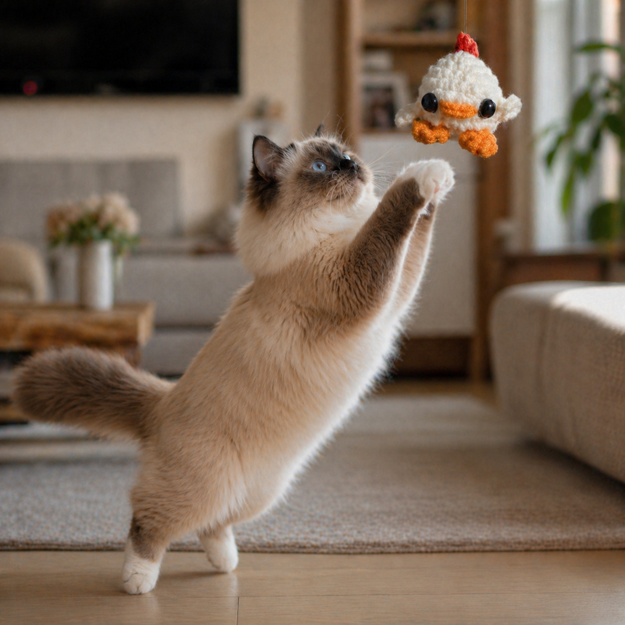 Cat toy with Ragdoll cat. Small white woven chick cat toy suspended above a ragdoll cat in a softly blurred living room, showing the toy’s tiny scale, rounded shape, and bright orange feet and beak.