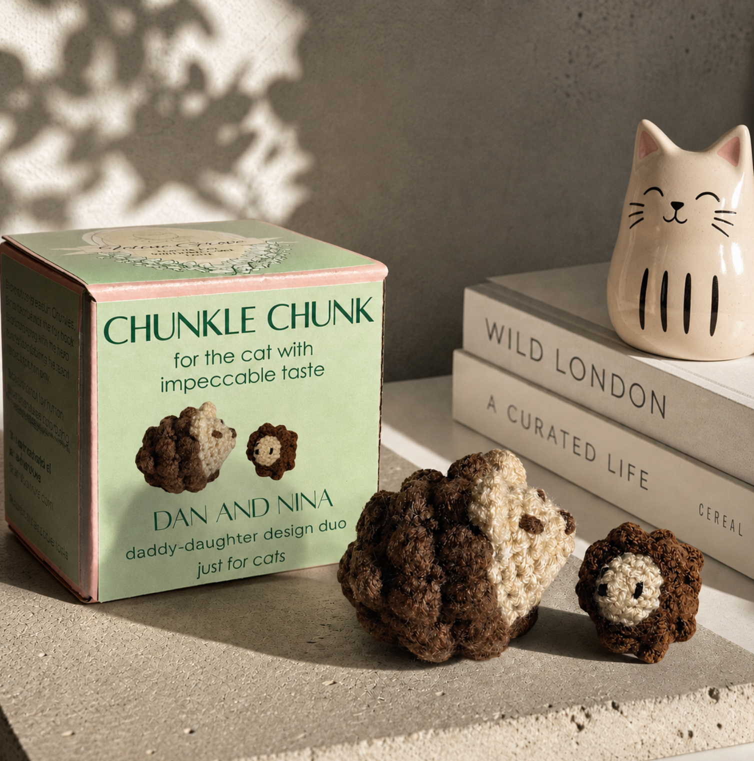 Dan and Nina hedgehog cat toy set with branded packaging, artisan luxury cat toys infused with valerian botanicals, gift ready enrichment toys designed for independent play and scent engagement