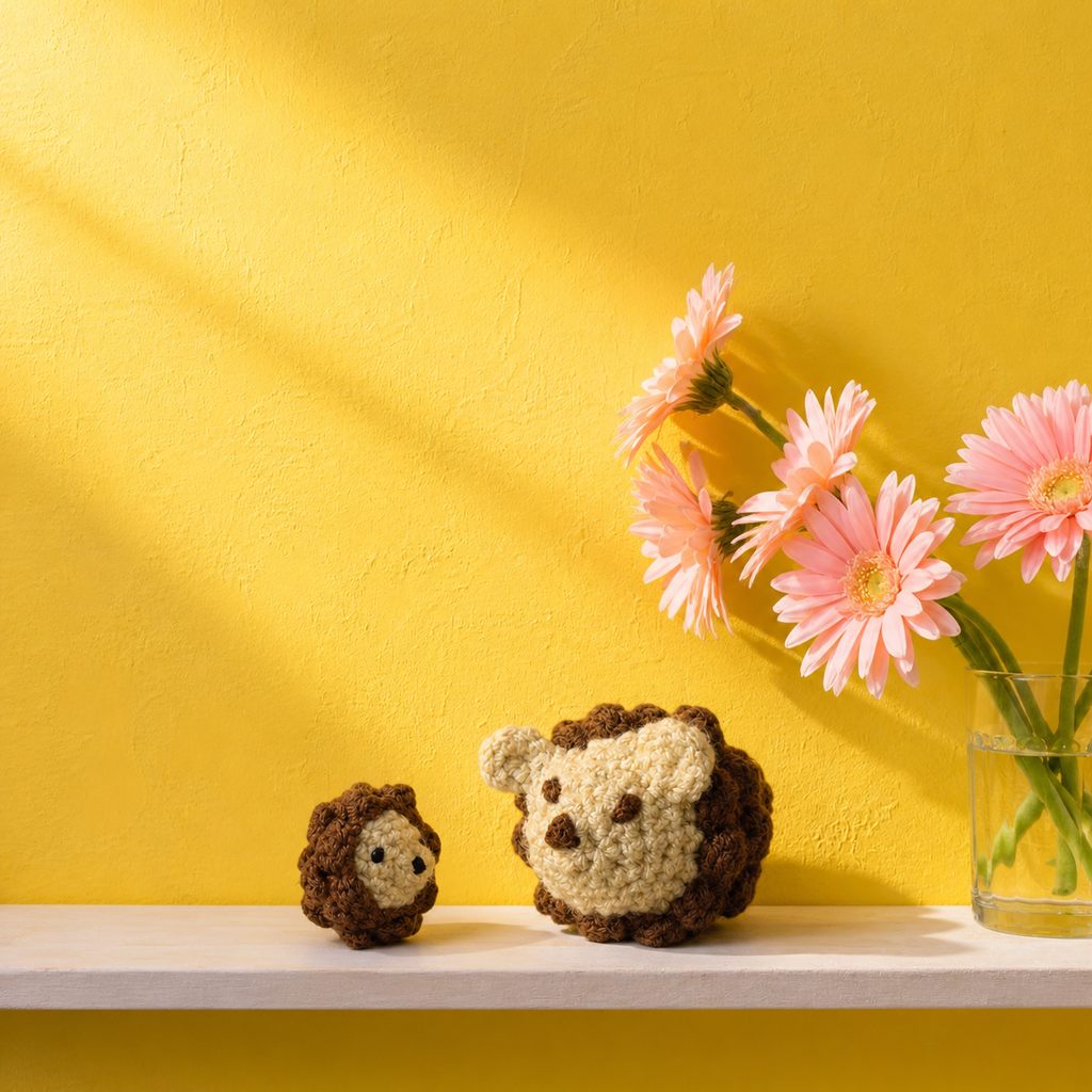 Dan and Nina hedgehog cat toy set displayed in bright modern setting with flowers, boutique luxury cat toys infused with botanicals, designed for independent play and stylish cat home decor
