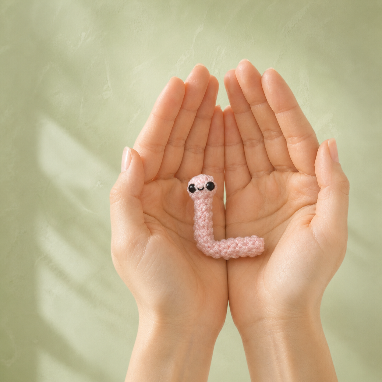 Pink woven earthworm cat toy resting in cupped hands to show scale, compact size ideal for carrying and batting, Chunkle & Puff cat toy infused with Miracle Nip botanical blend by Feline Grove