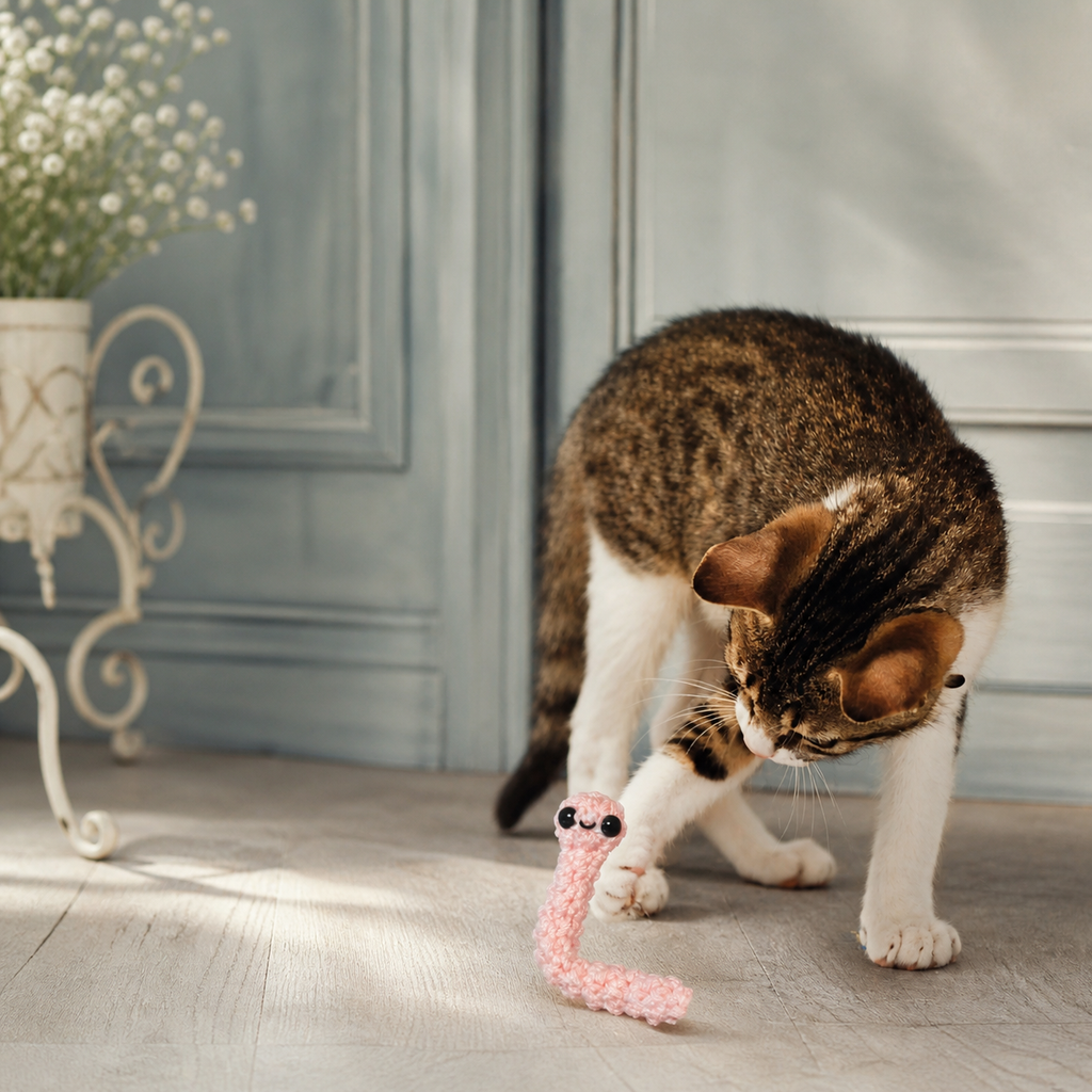 Tabby cat reaching toward blush pink woven earthworm cat toy on floor, compact lightweight form for stalking and batting, Chunkle & Puff cat toy infused with Miracle Nip botanical blend by Feline Grove