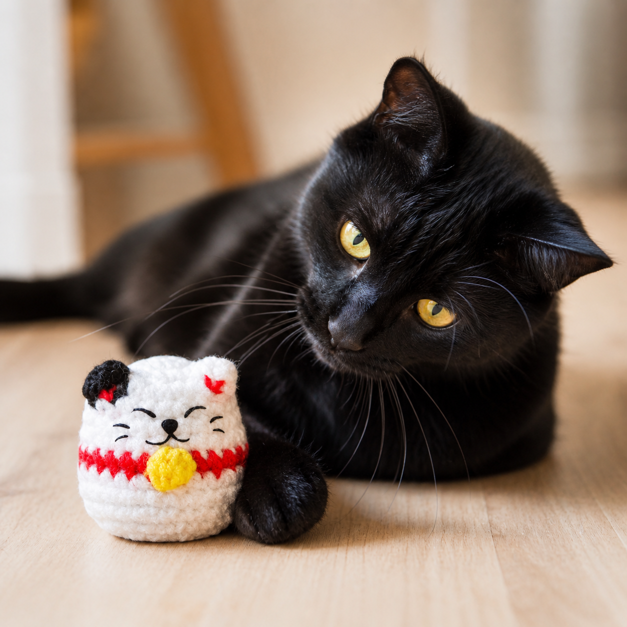 lucky cat shaped cat toy. Black cat looking at Gogo the Lucky Cat Chunkle Puff interactive cat toy infused with Miracle Nip botanical blend