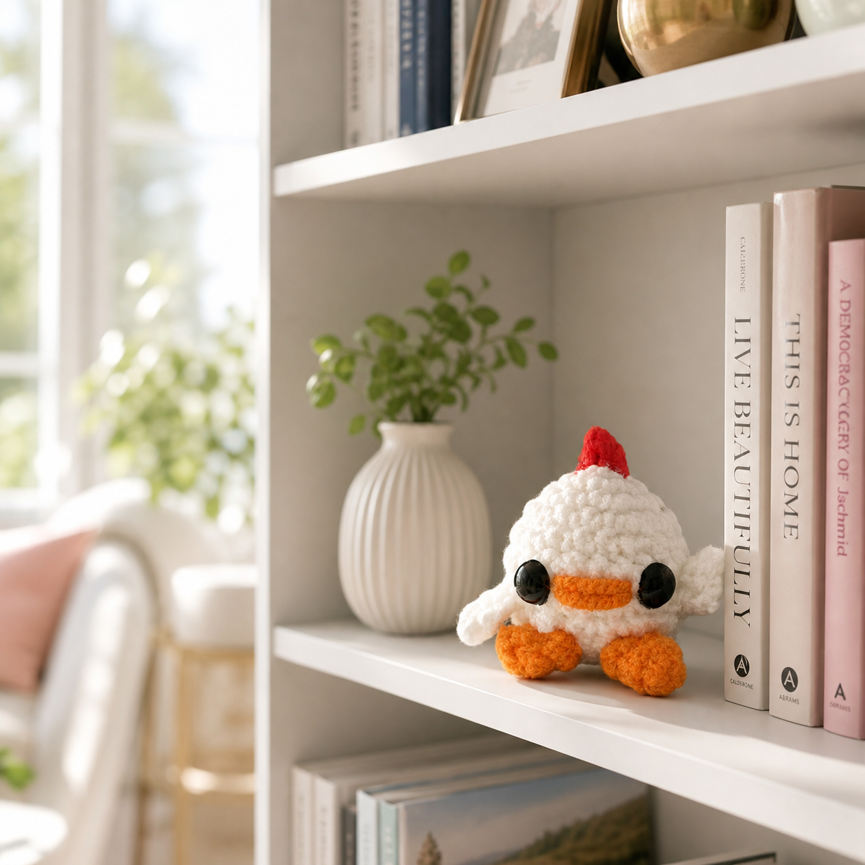 Chick Cat Toy Chunkle Lifestyle Image. Small white woven chick cat toy with orange feet, orange beak, red comb, and shiny black eyes displayed on a tabletop beside a blush vase of flowers, showing its decorative, petite scale.