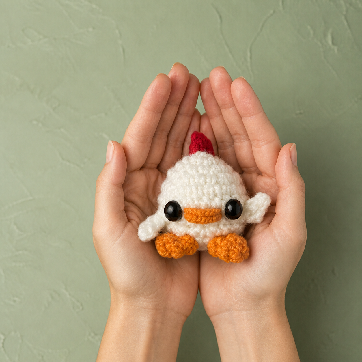 Chunkle Puff Cat Toy Scale Image. White woven chick shaped cat toy with black eyes, orange beak and feet, and red comb resting in two cupped hands, showing its petite palm-sized scale and soft textured yarn surface.