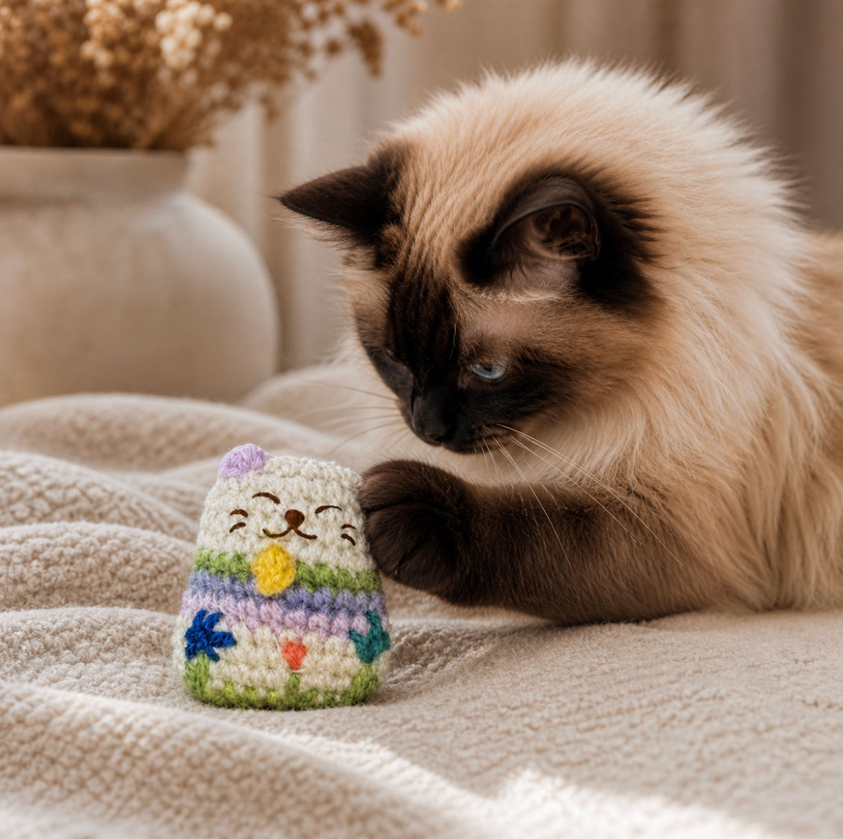 Blue-eyed long-haired cat playing with woven lucky cat toy, rounded shape and soft textured surface designed for stalking, batting, and carrying, artisan Chunkle & Puff cat toy infused with Miracle Nip catnip alternative with valerian