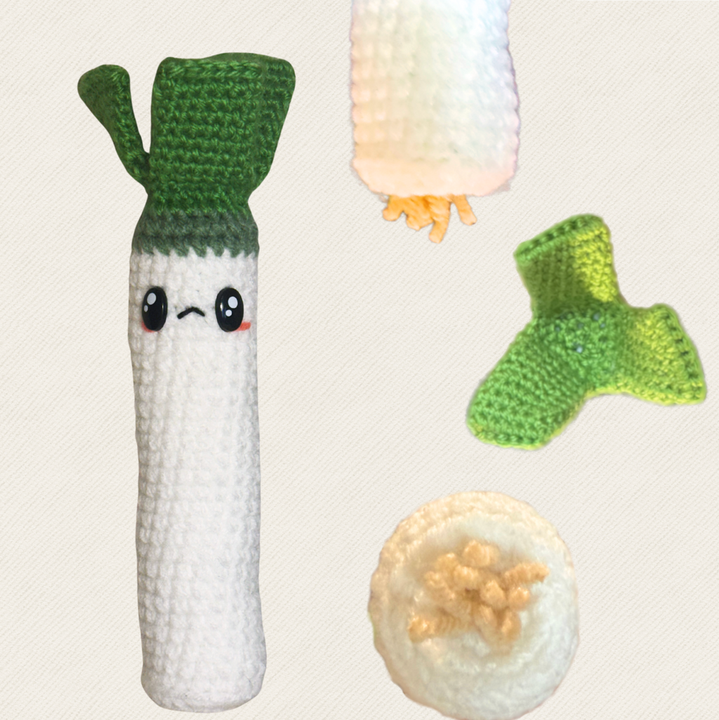 woven leek cat toy with multiple close-ups of toy components showing whole toy, bottom, side view, and top of scented enrichment toy for indoor cats