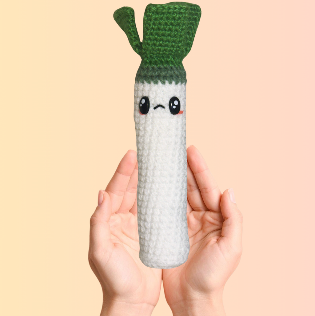 hands holding woven leek cat toy filled with silvervine valerian gall fruit and tatarian honeysuckle botanical blend designed for independent play and indoor cat enrichment
