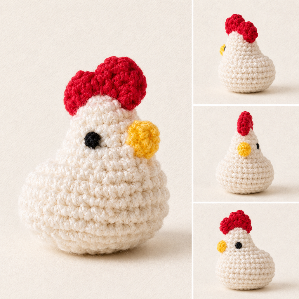 Luxury Cat Toy Hen Multi-Angle. Three views of Cabbage the Hen, a small white hand-woven hen-shaped Chunkle with a rounded body, red comb, yellow beak, and soft plush texture, shown from multiple angles.