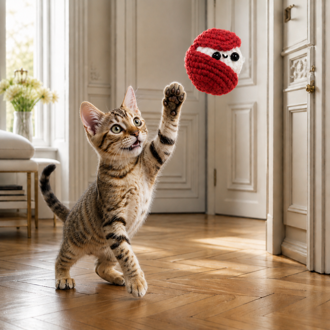 Cheese wheel shaped cat toy by Chunkle & Puff shown in context with a cat in brightly lit room