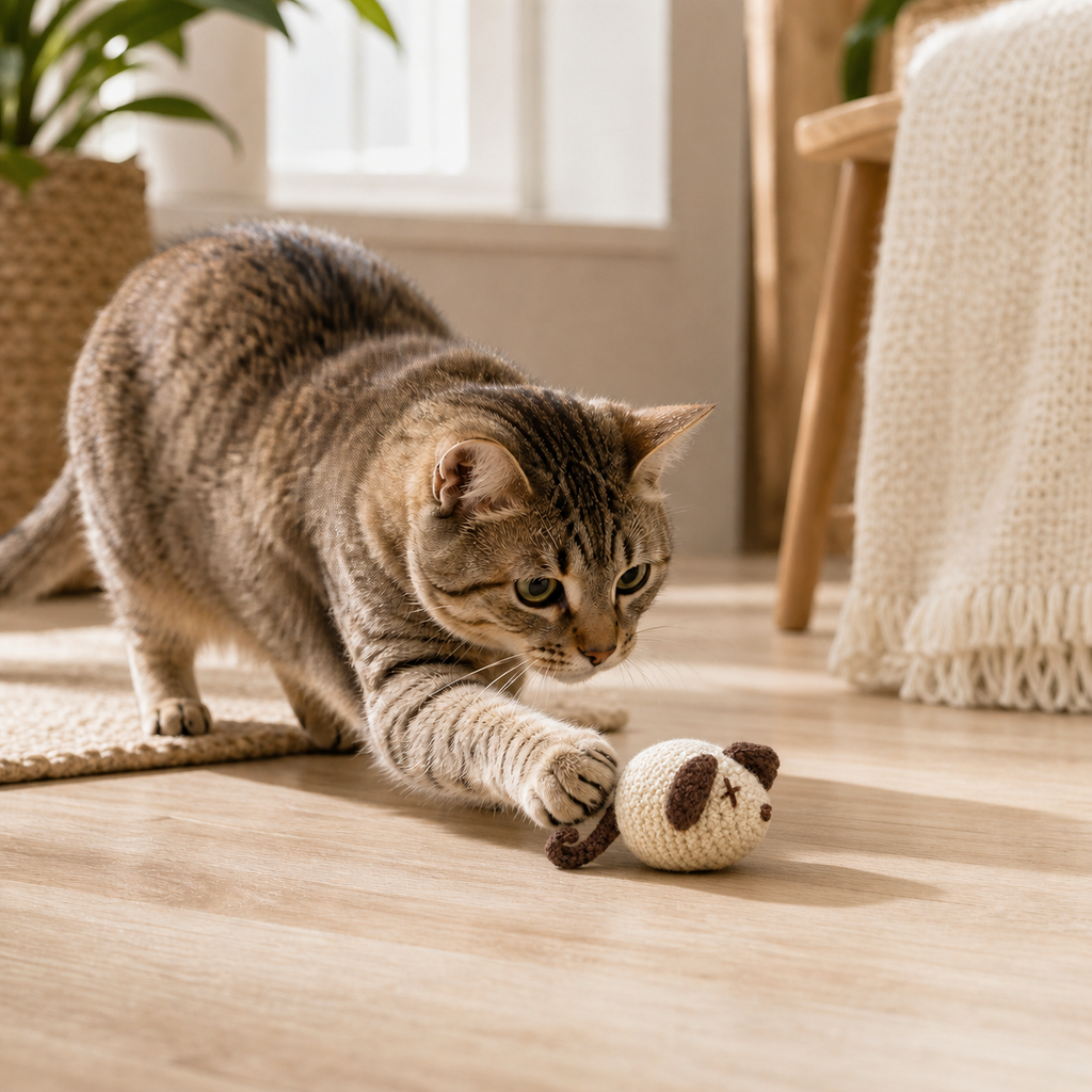 Mouse cat toy. Brown tabby cat eyeing mouse shaped botanical cat toy in a sunny room, silvervine and catnip alternative independent play toy by Feline Grove