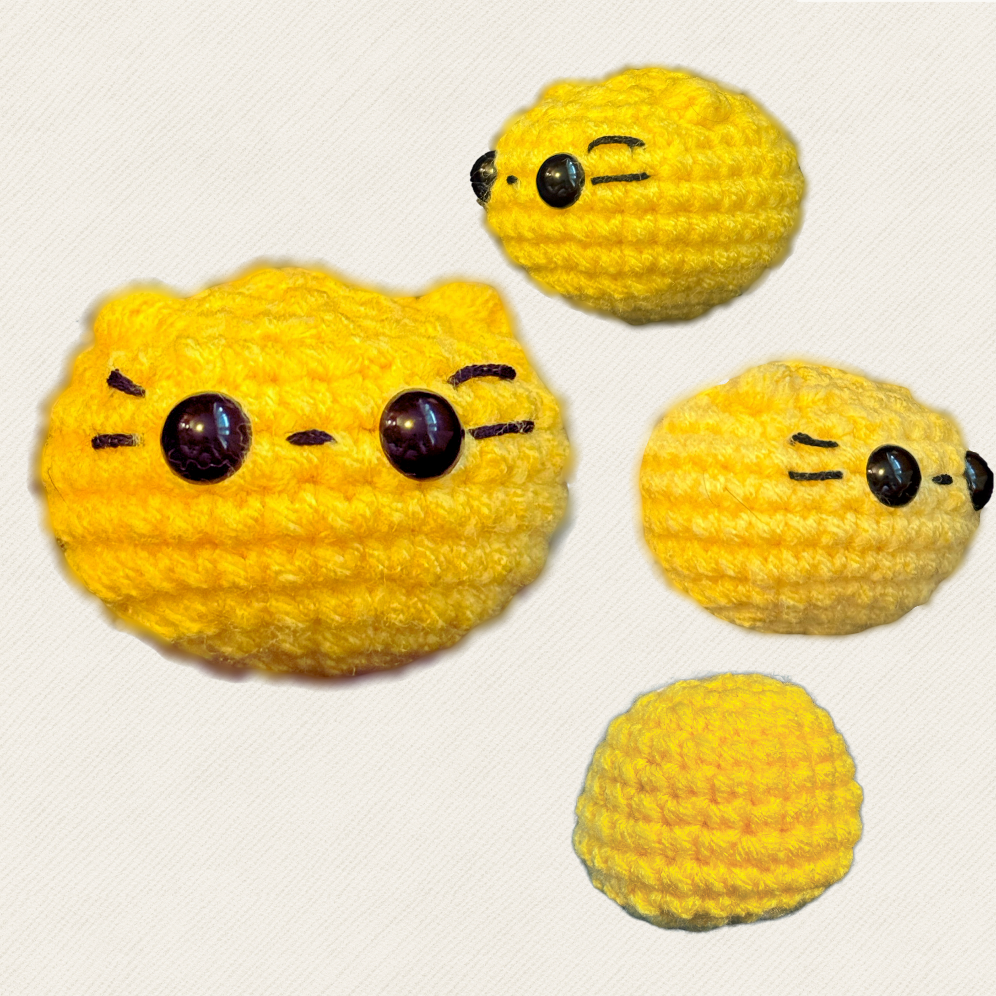 Multiple angles of Pippa the Chonk, a round yellow weighted Chunkle Chunk catnip alternative cat toy by Chunkle & Puff