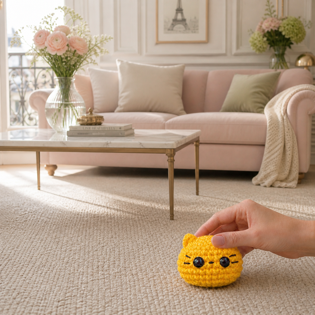 Weighted cat toy. Pippa the Chonk. Lifestyle image of round yellow Chunkle Chunk cat toy with hand in living room