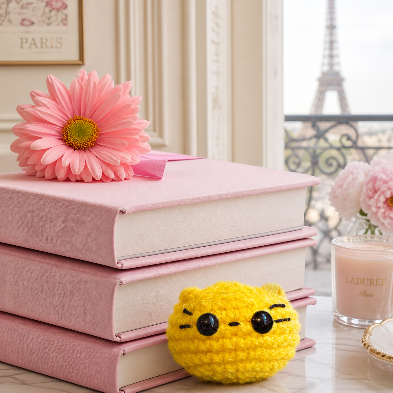 Round yellow luxury cat toy with stack of pink books and a flower to show scale
