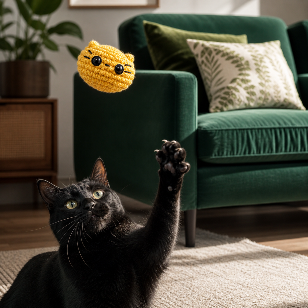Black cat playing with round yellow weighted Chunkle Chunk cat toy by Chunkle & Puff in green tinted living room.