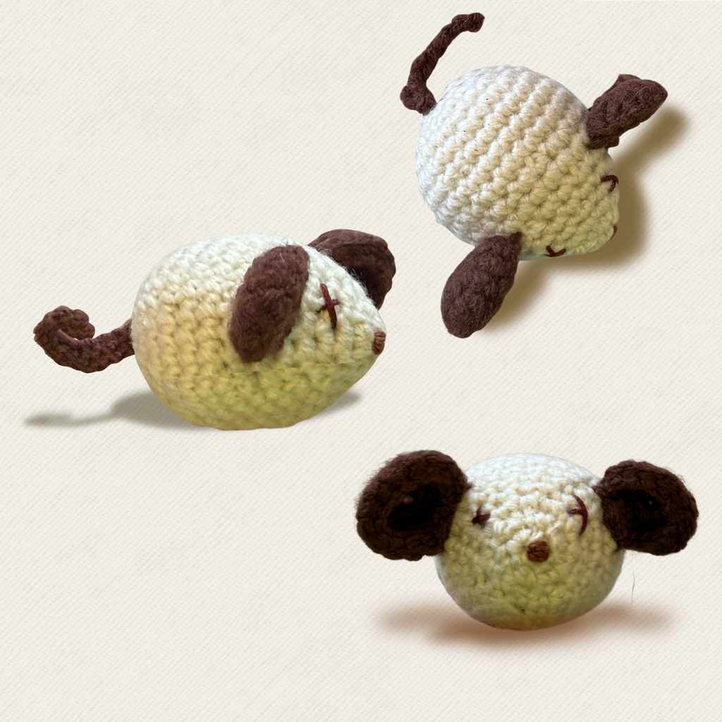 Mouse shaped woven cat toy three angles showing brown ear and tail detail, Miracle Nip catnip alternative for independent play by Chunkle and Puff