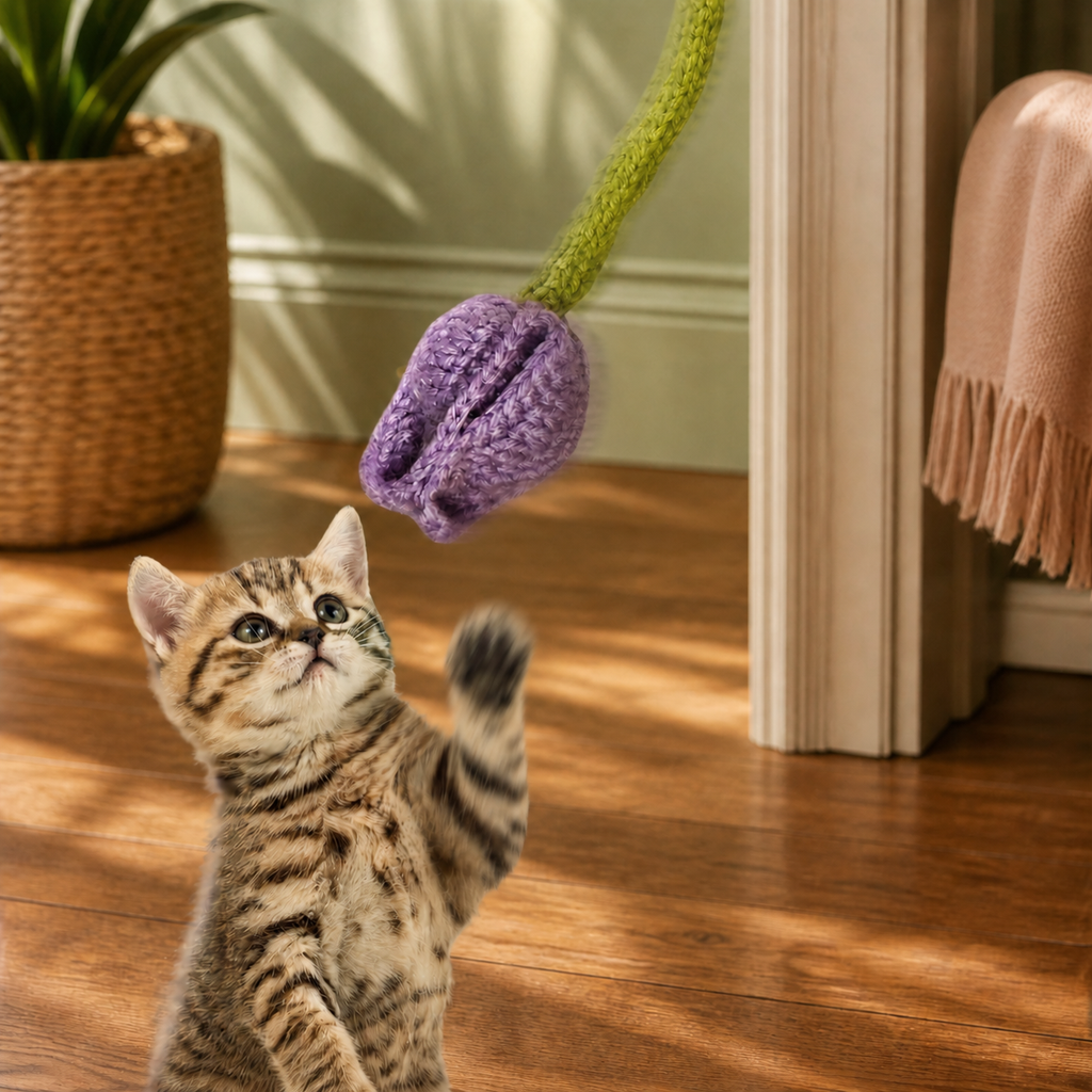 Kitten reaching toward Roselle the Tulip Chunkle & Puff cat toy on a hardwood floor with a plant and a blanket.