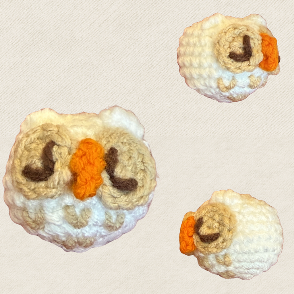 Snow owl shaped woven cat toy three angles showing orange beak and brown marking detail, silvervine and Tatarian honeysuckle catnip alternative by Chunkle and Puff