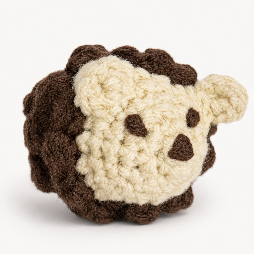 Cat Toy Hedgehog - Weighted. Dan the Chunkle Chunk hedgehog cat toy on a white background, showing his rounded weighted shape, brown and cream woven body, small ears, and plush texture.