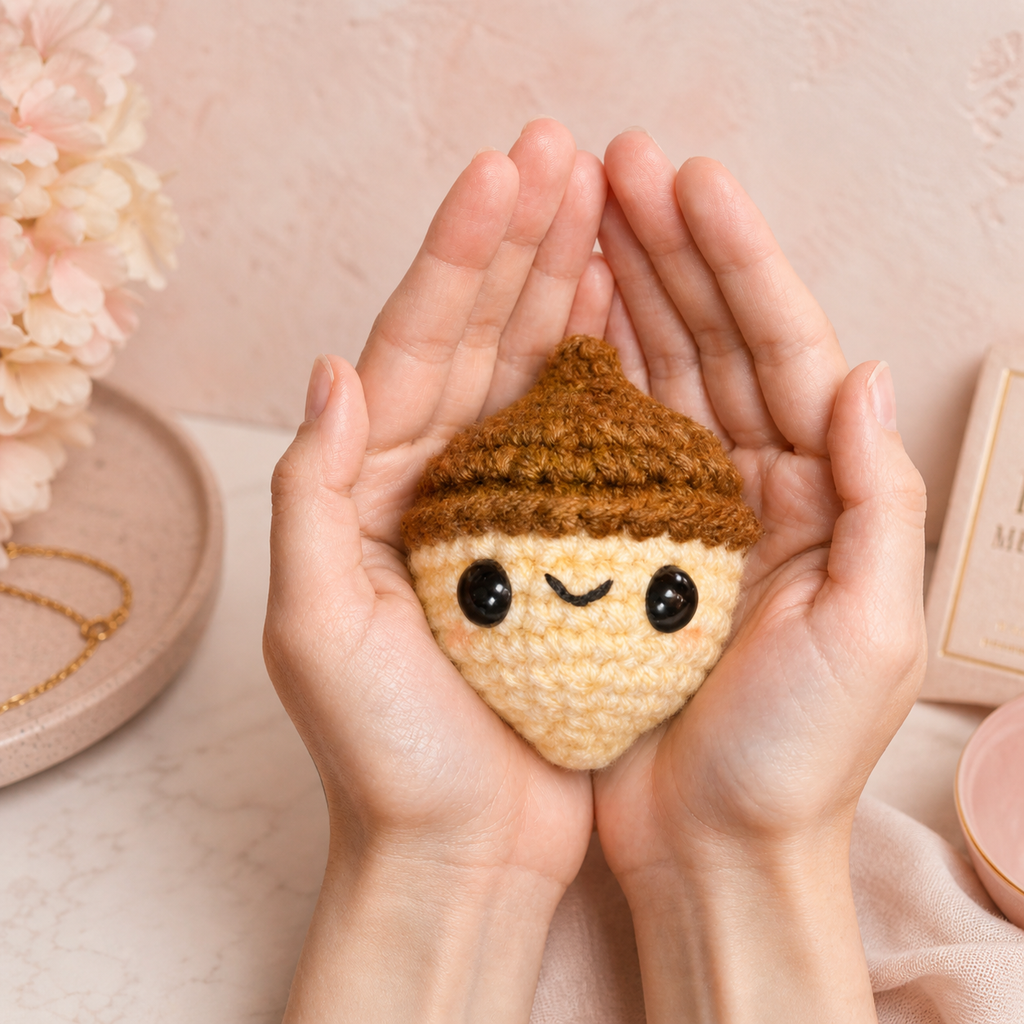Scale image of Augie the Acorn Chunkle Puff catnip alternative cat toy with hands on peach background.