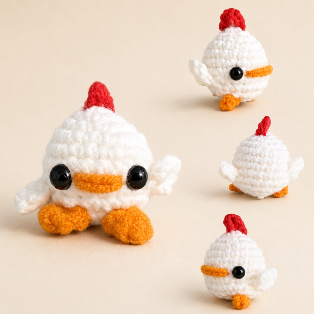 Cat Toy Chick Multi-Angle. Collage of four views of a tiny white woven chick cat toy with glossy black eyes, orange beak and feet, red comb, and rounded yarn texture, showing front, side, back, and angled views.