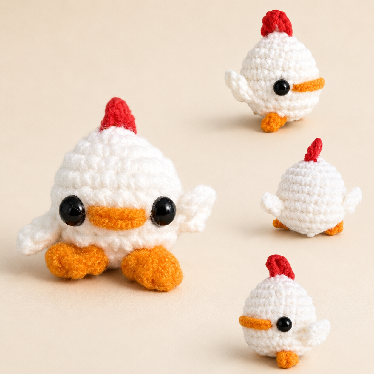 Cat Toy Chick Multi-Angle. Collage of four views of a tiny white woven chick cat toy with glossy black eyes, orange beak and feet, red comb, and rounded yarn texture, showing front, side, back, and angled views.