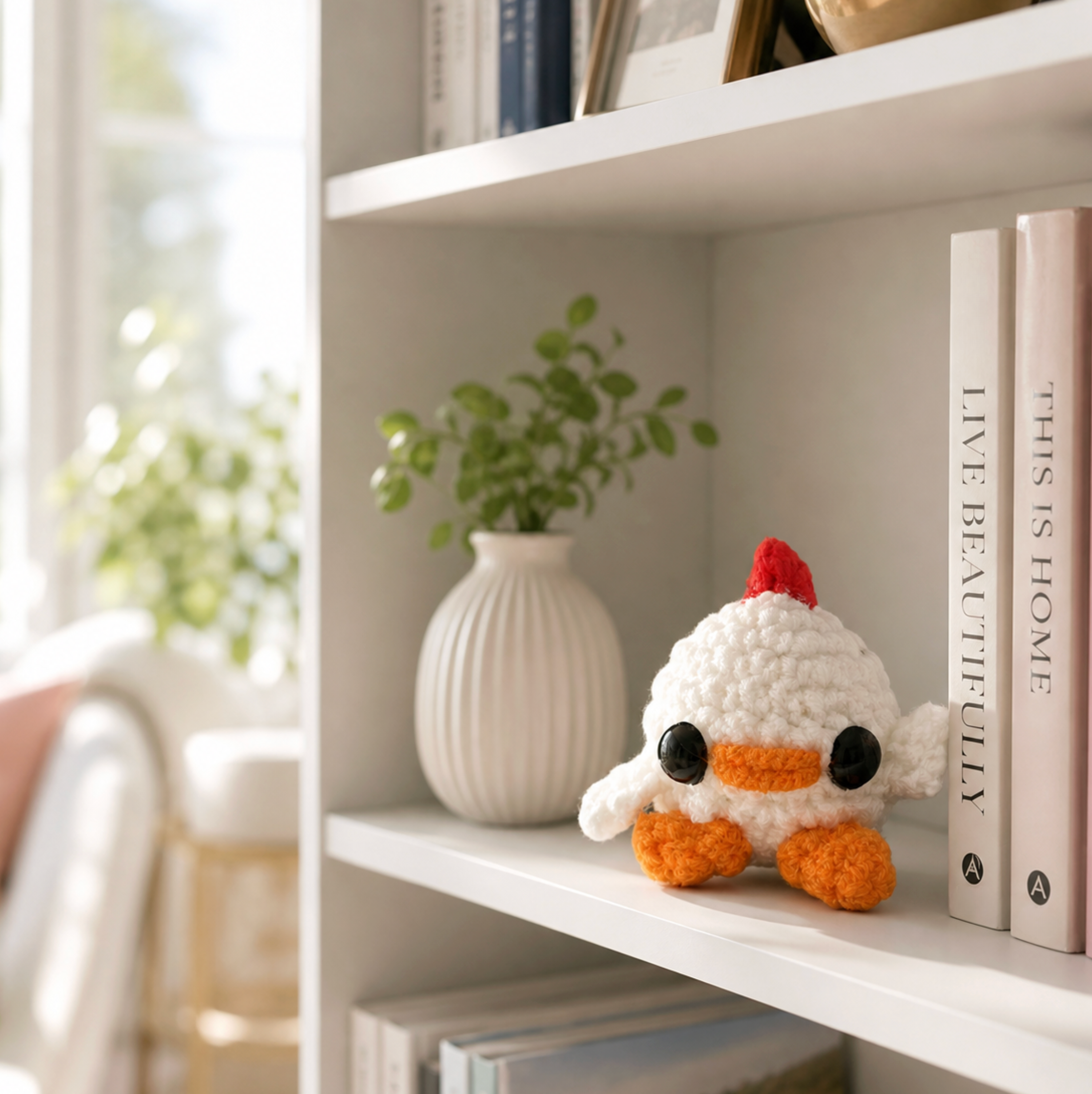 Chick Cat Toy Chunkle Lifestyle Image. Small white woven chick cat toy with orange feet, orange beak, red comb, and shiny black eyes displayed on a tabletop beside a blush vase of flowers, showing its decorative, petite scale.
