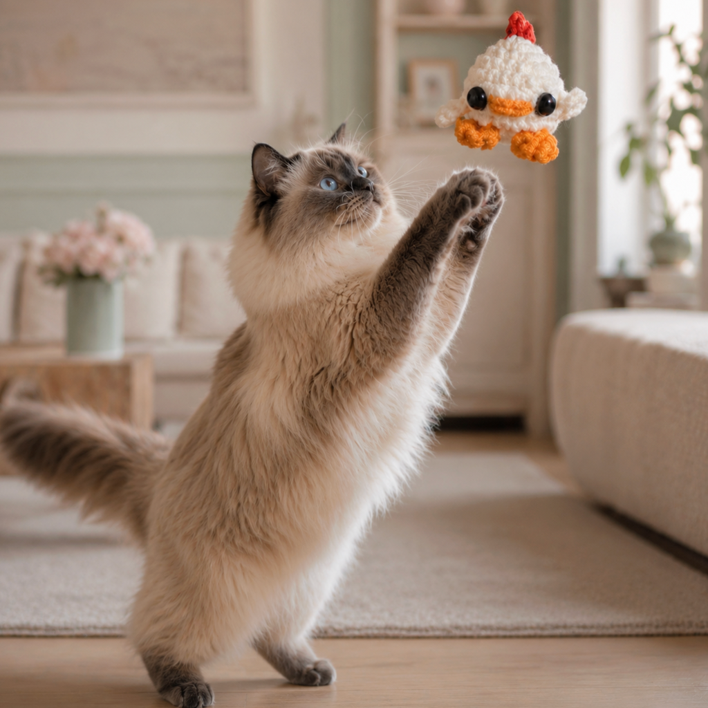 Cat Toy Chick Weighted. Close front view of a tiny white woven chick cat toy with rounded body, plush yarn texture, glossy black eyes, orange beak and feet, and a red comb against a light fabric background.
