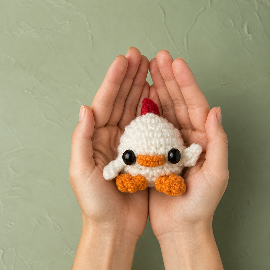Chunkle Puff Cat Toy Scale Image. White woven chick shaped cat toy with black eyes, orange beak and feet, and red comb resting in two cupped hands, showing its petite palm-sized scale and soft textured yarn surface.