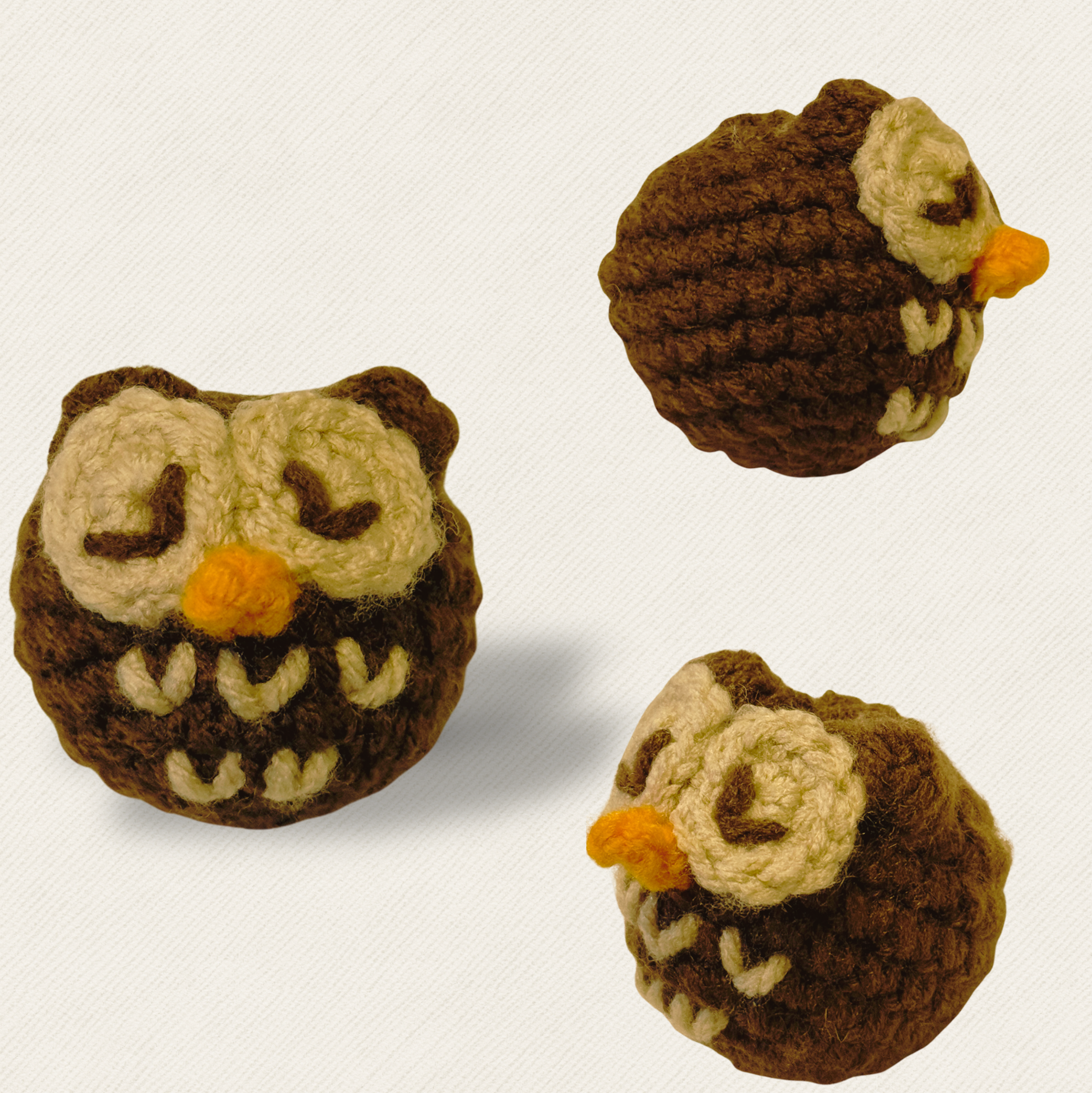 Multiple angles of brown owl shaped Chunkle cat toy with catnip alternative on plain white background