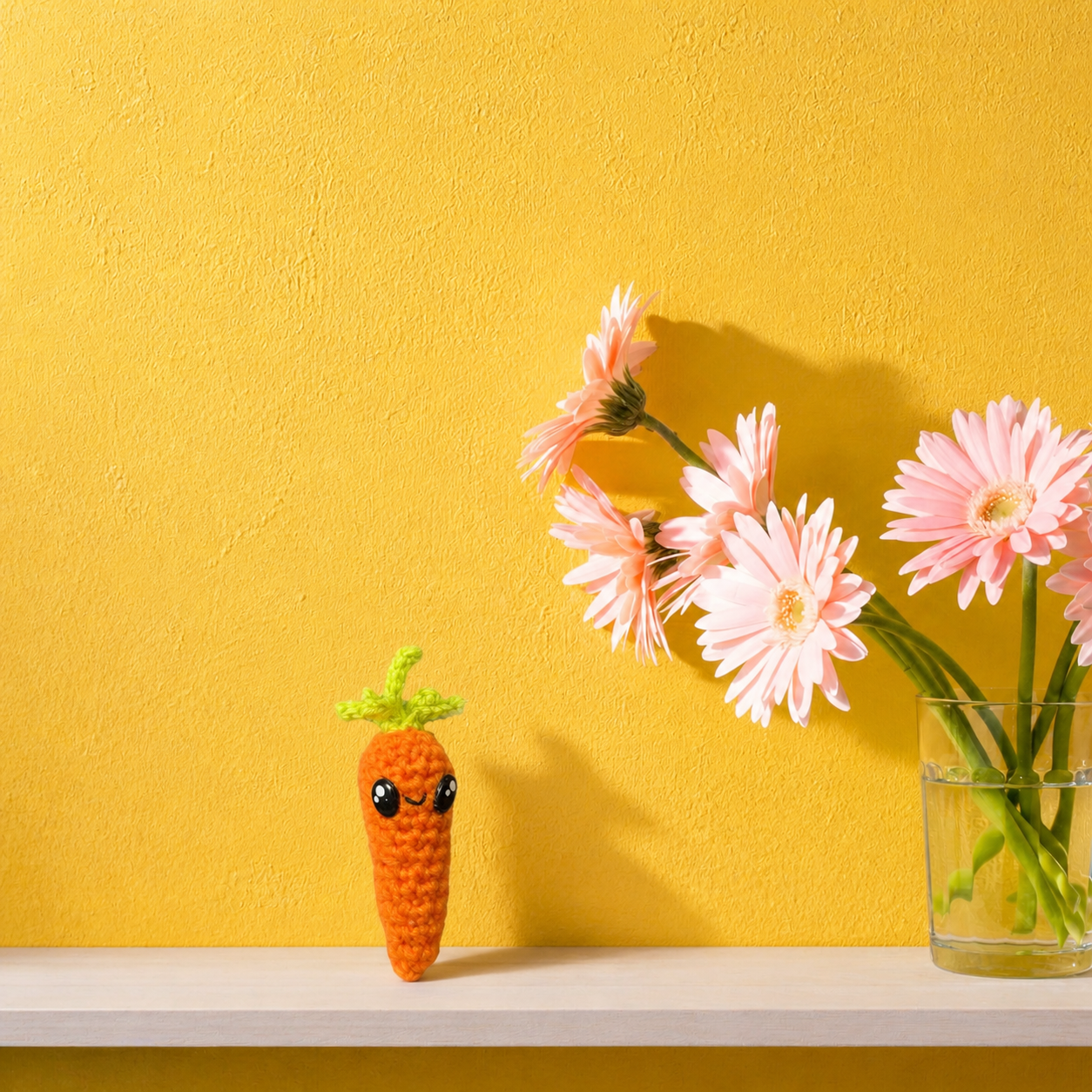 Woven carrot cat toy on shelf against bright yellow wall with pink flowers in glass vase, soft textured surface and compact lightweight form, designed for independent play, Chunkle & Puff toy with Miracle Nip