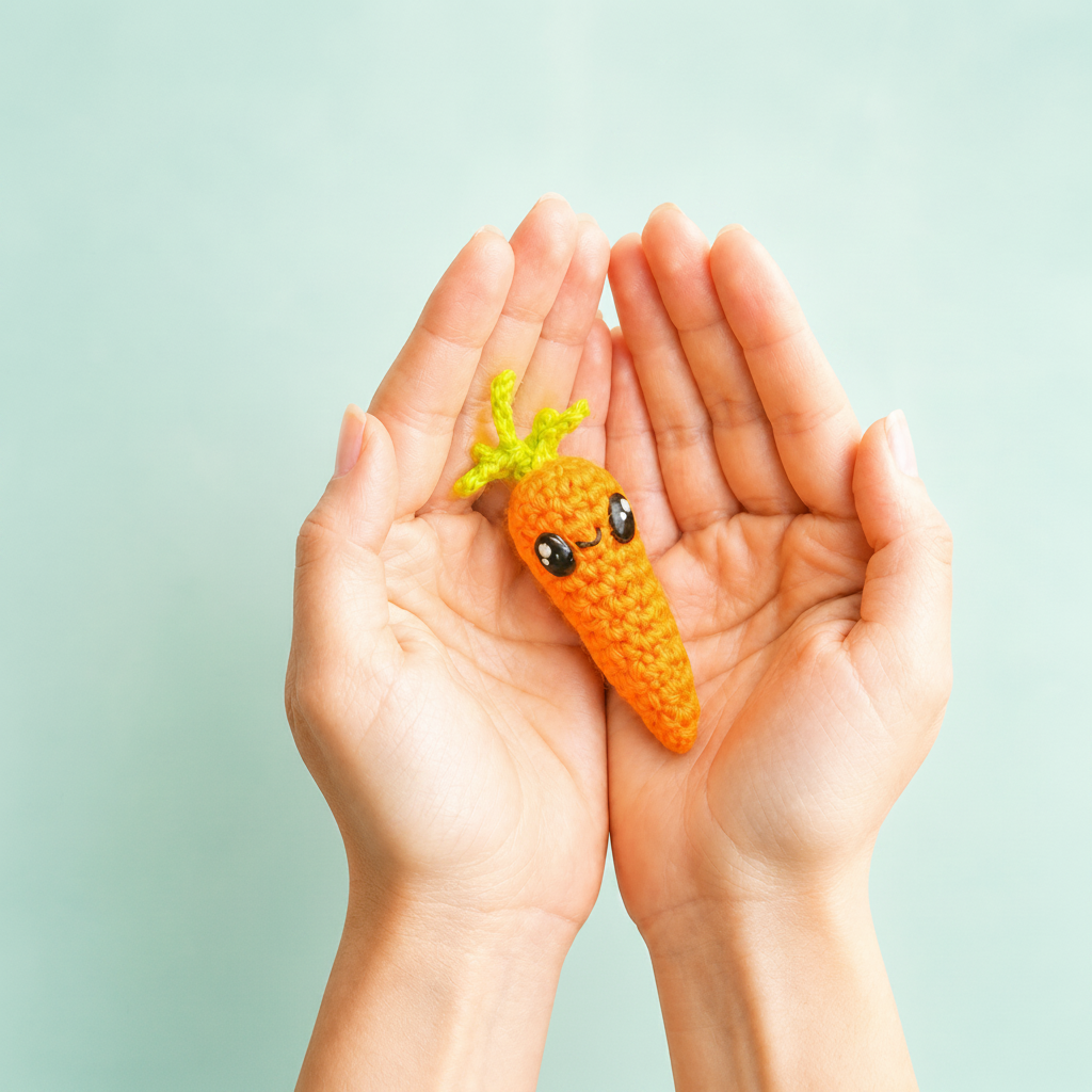 Artisan woven carrot cat toy resting in cupped hands, soft textured surface with leafy green top and compact palm-sized scale, lightweight form for batting and carrying, Chunkle & Puff toy infused with Miracle Nip
