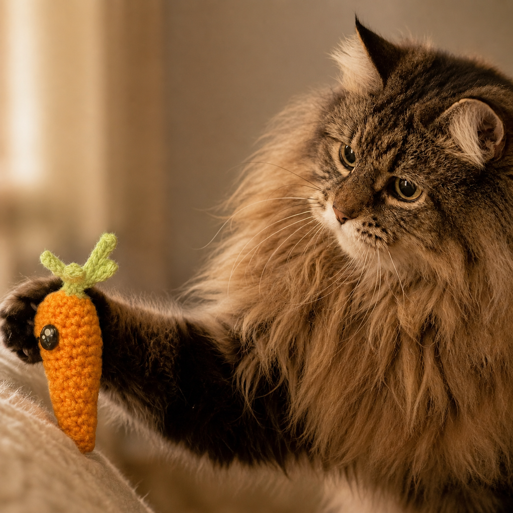 Long-haired cat reaching toward woven carrot toy, compact shape designed for stalking and batting, soft textured surface for grip and play, Chunkle & Puff toy infused with Miracle Nip botanical blend
