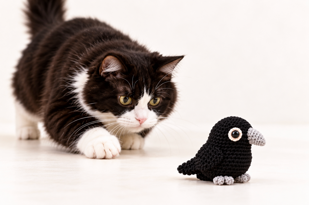 halloween cat toy. A black-and-white cat crouches on a light studio floor, looking at a small crocheted black bird toy with gray feet and beak.