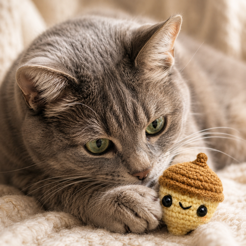 silvervine cat toy lifestyle image. Augie the Acorn Chunkle with short haired green eyed tabby cat