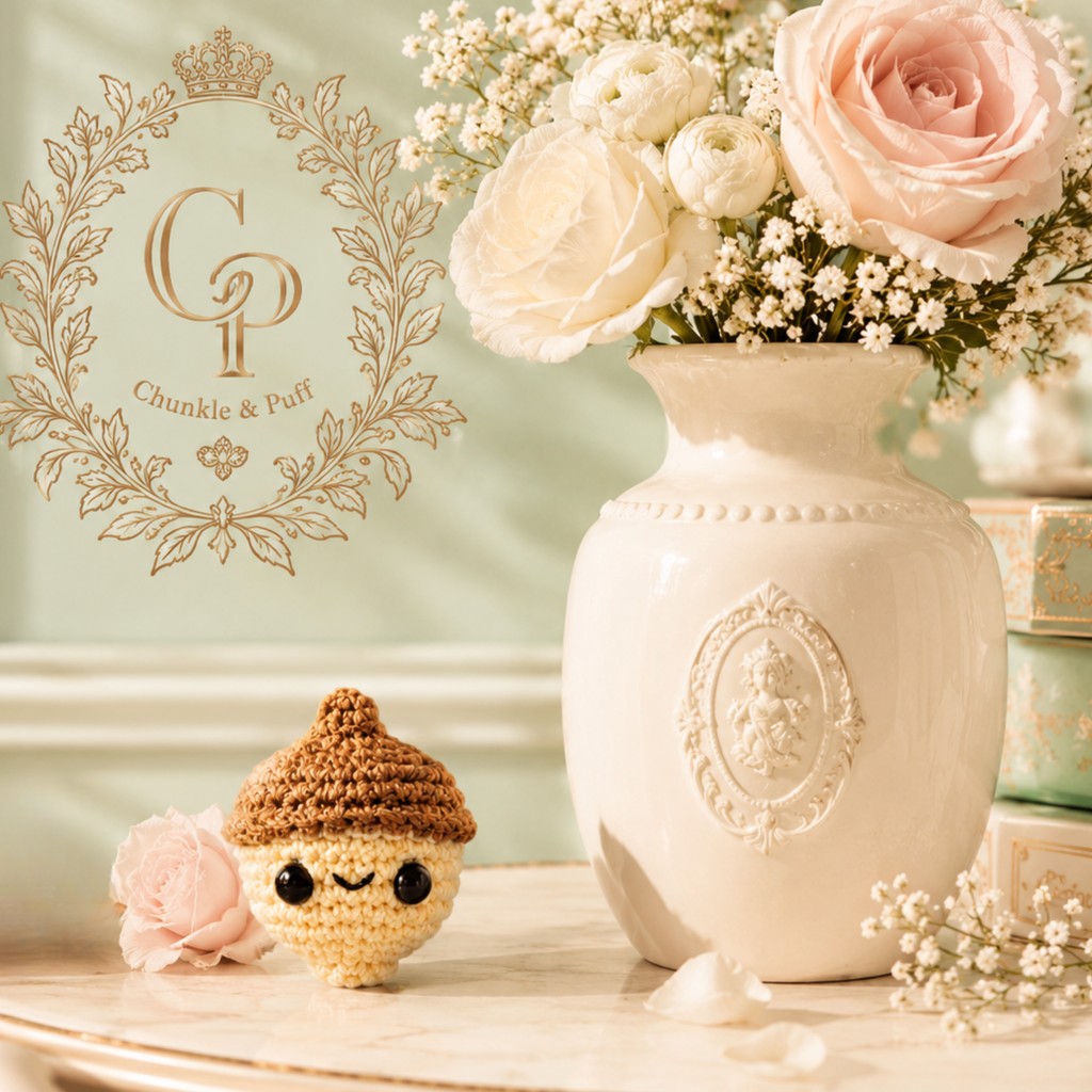 Elegant cat toy acorn. Augie the Acorn Chunkle Puff cat toy with vase of flowers in sunny room.