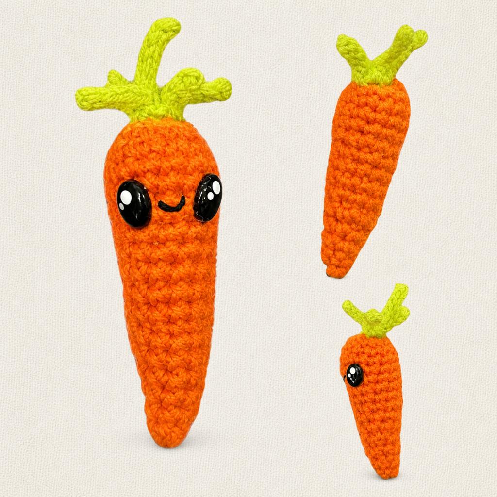 Multiple views of woven carrot cat toy with leafy green top and soft textured surface, compact lightweight form shown from different angles for batting and carrying, Chunkle & Puff toy infused with Miracle Nip