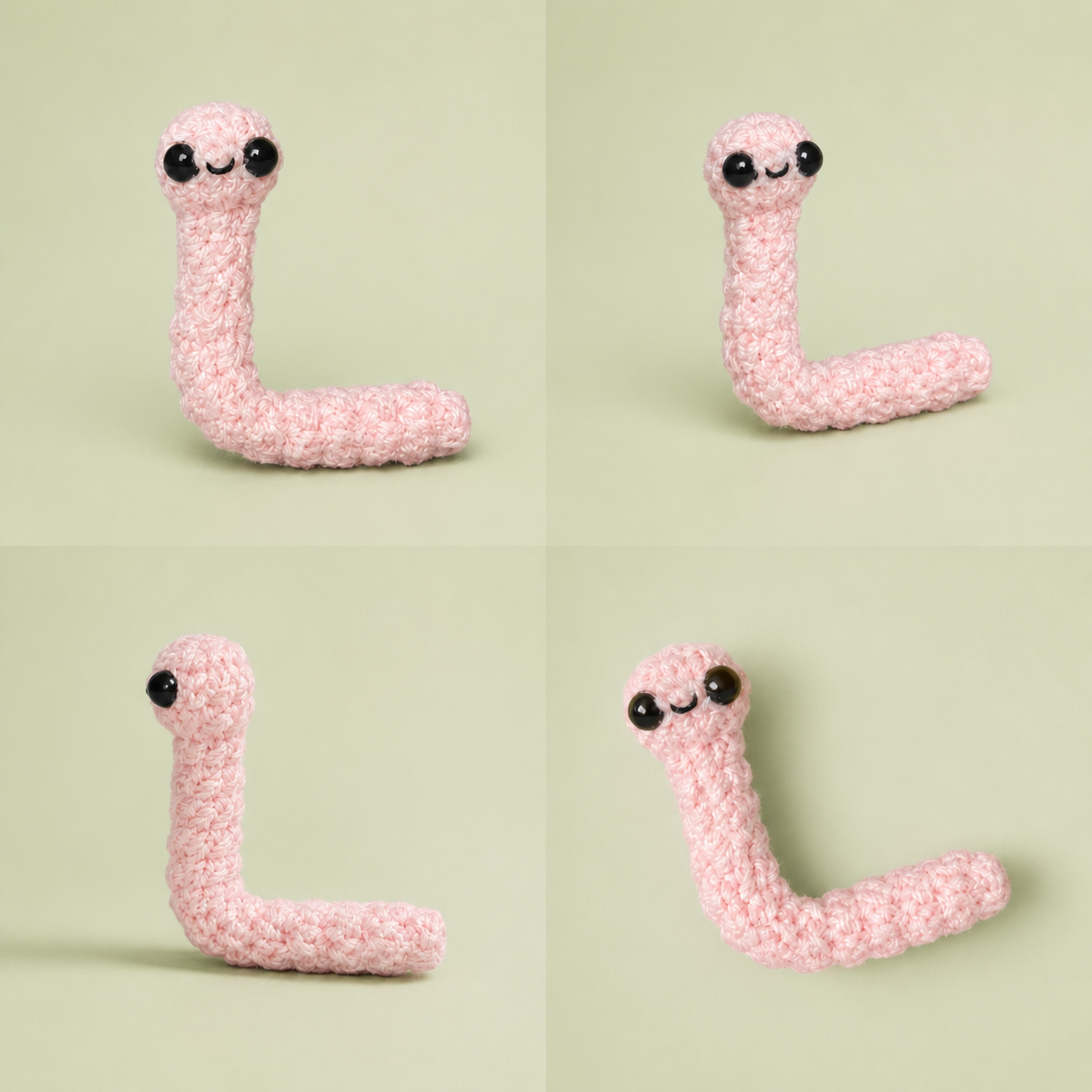multi angle view of Tilly the Earthworm Chunkle Puff on a green background.