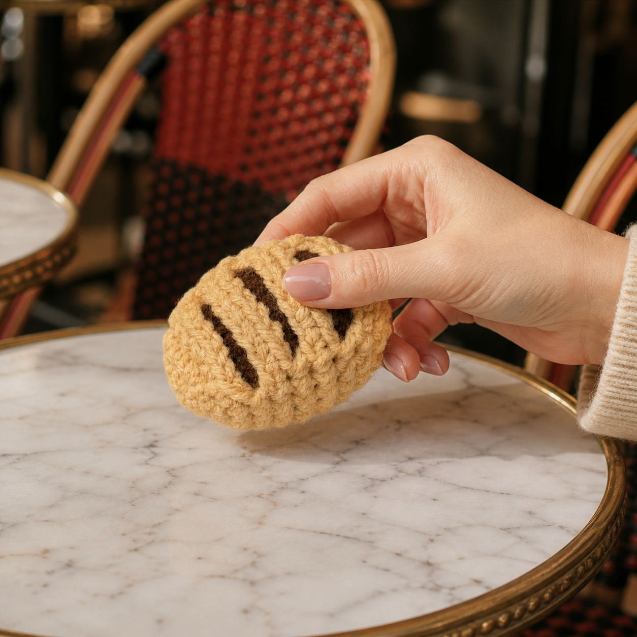 French cat toy. Chocolate croissant shaped cat toy held at French cafe terrace, size reference for Miracle Nip botanical cat toy, France collection by Chunkle and Puff