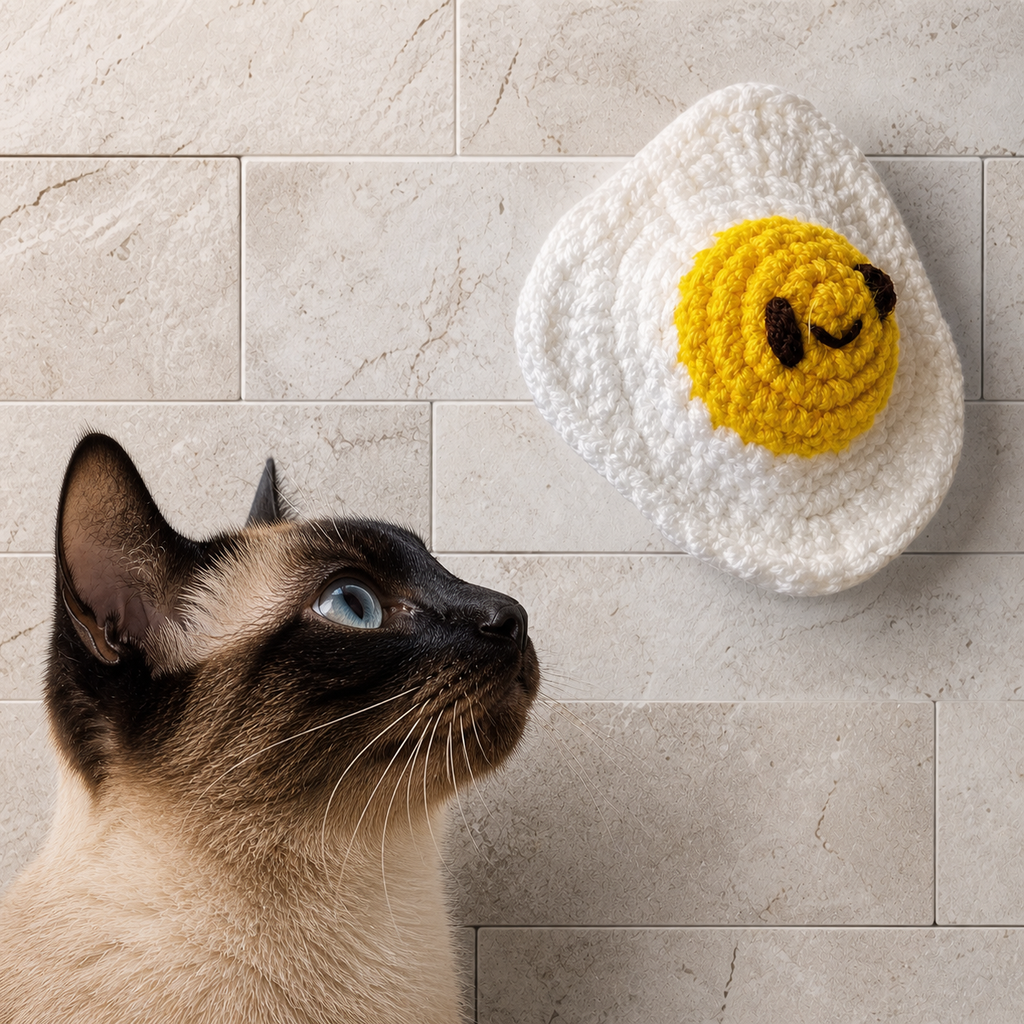 Siamese cat gazing up at a woven fried egg cat toy with a white egg shape, yellow smiling yolk, and chunky yarn texture against pale stone tile.