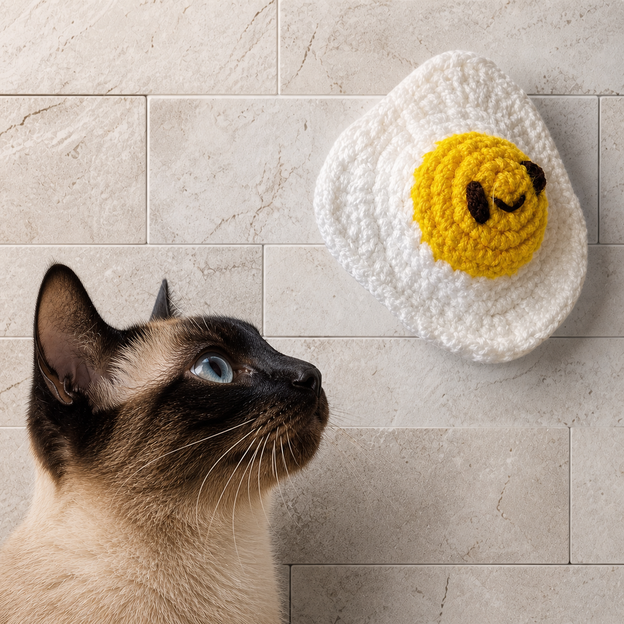 Siamese cat gazing up at a woven fried egg cat toy with a white egg shape, yellow smiling yolk, and chunky yarn texture against pale stone tile.