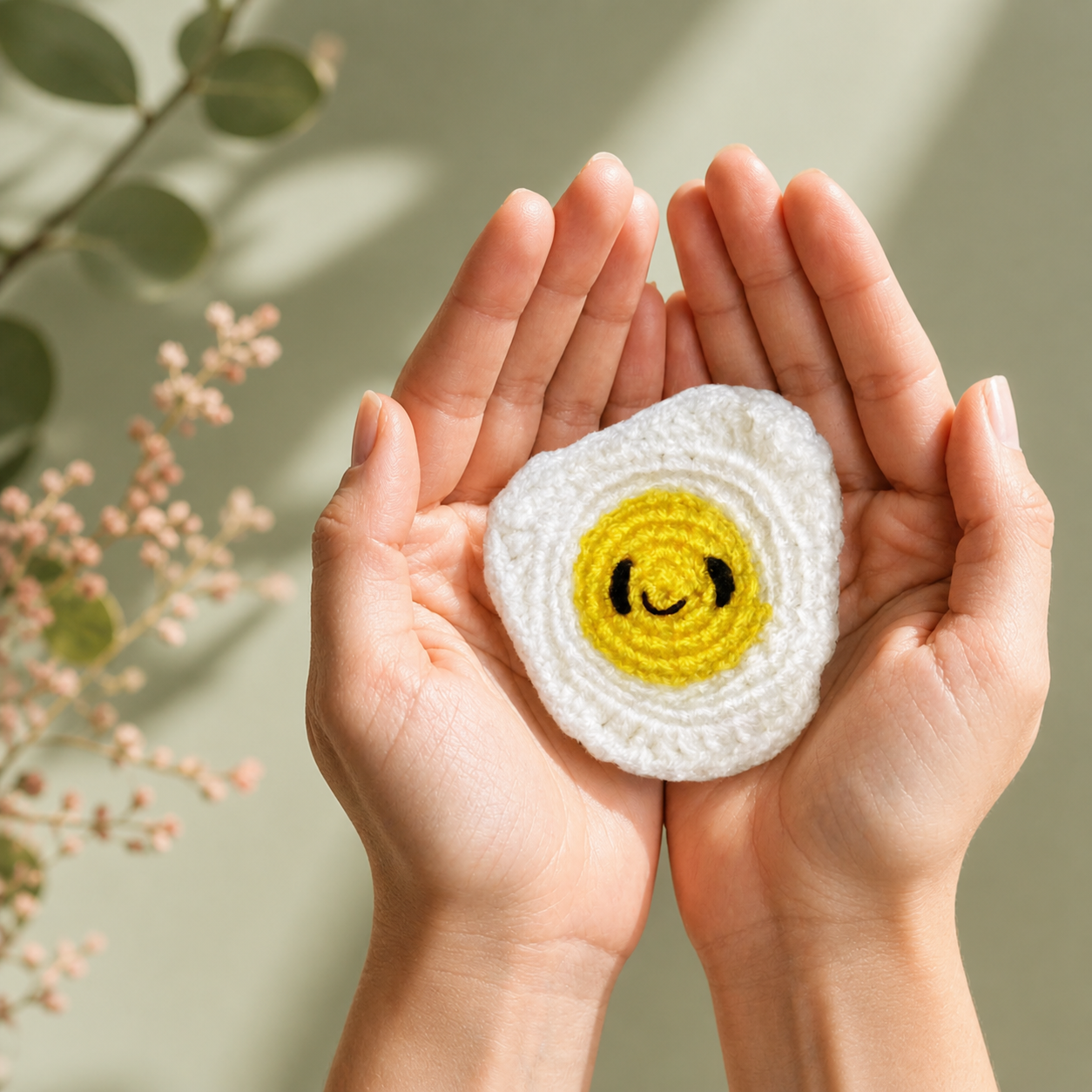 Cat toy fried egg Chunkle and Puff cat toy for indoor cats held in hands for scale, small woven egg shape with yellow center and white texture, independent play cat toy with Miracle Nip by Feline Grove including silvervine and valerian