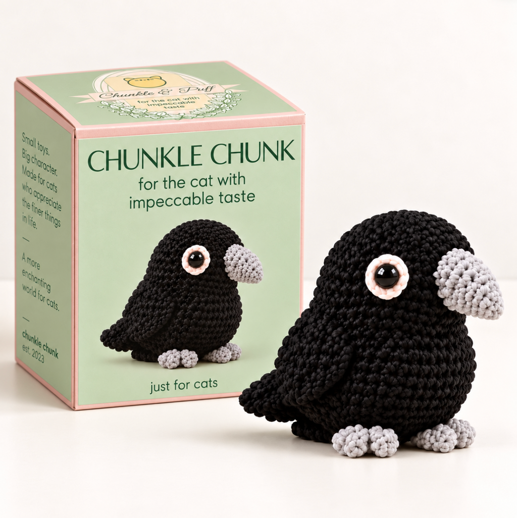 crocheted cat toy. A crocheted black bird cat toy with gray feet and beak stands in front of its mint green and pink product box labeled 'Chunkle Chunk' on a clean white background.