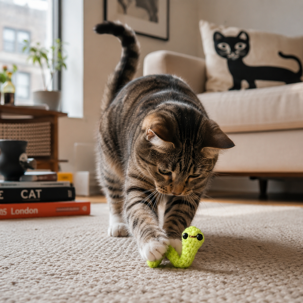 Brown tabby cat gazing at green woven inchworm toy in the air with sofa in background, small curved shape designed for stalking and pouncing, soft textured surface for grip and play, Chunkle & Puff toy with Miracle Nip botanical blend.
