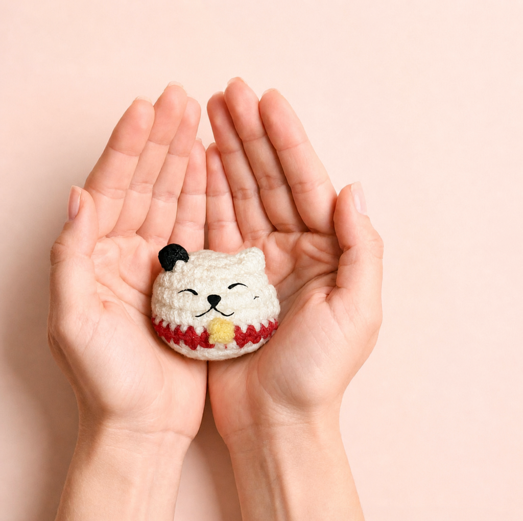 Small white woven lucky cat toy infused with Miracle Nip held in hands, soft plush texture and compact palm-sized scale