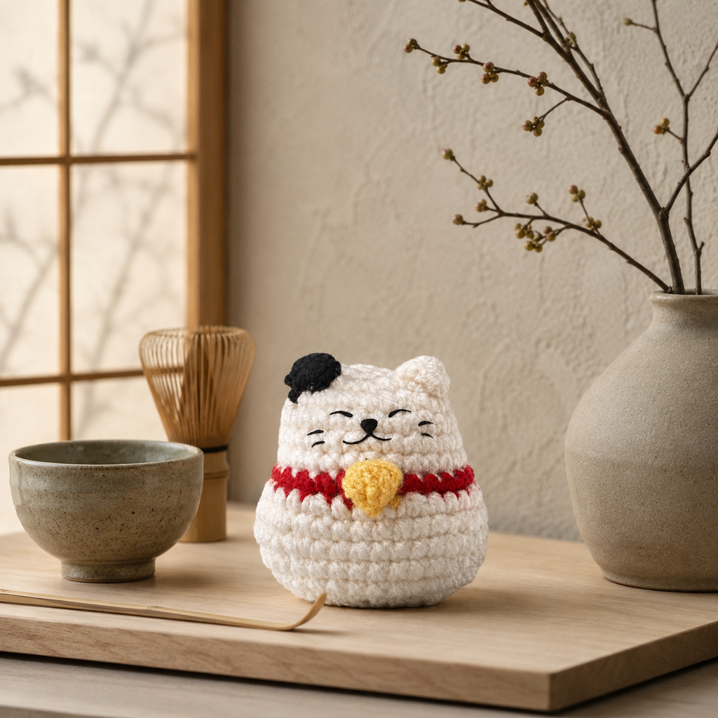 cat toy lucky cat. Gogo the Lucky Cat Chunkle Puff artisan cat toy with Miracle Nip displayed on bamboo tray with clay bowl and decorative items