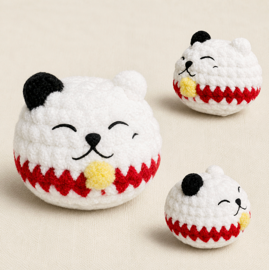 Three angles of white woven lucky cat toy showing rounded shape, soft plush texture, and red stitched detail, small palm-sized design